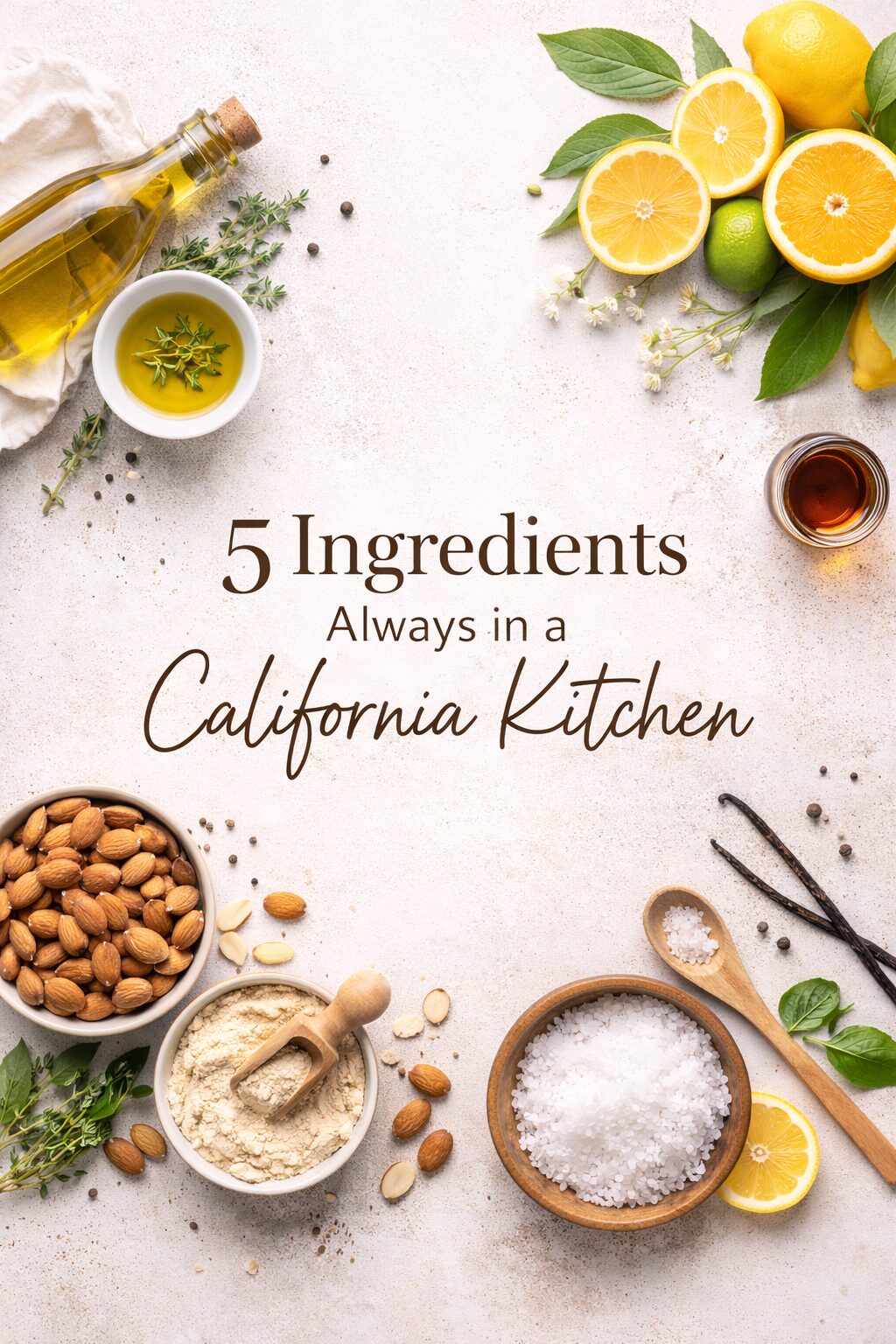 feature image california kitchen ingredients lemons, almonds, olive oil..