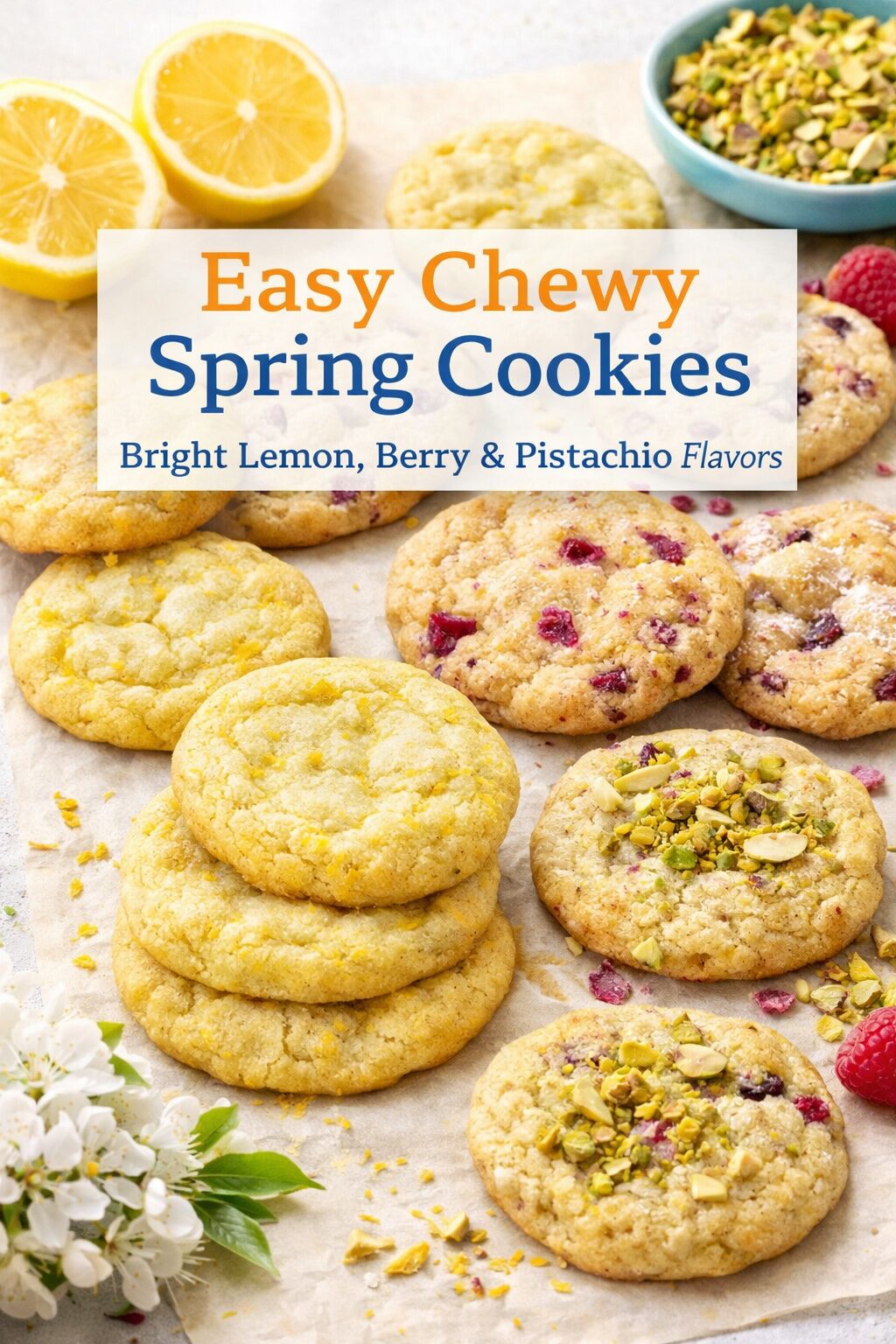 feature image for Easy Chewy Spring Cookies with Bright Lemon, Berry & Pistachio Flavors